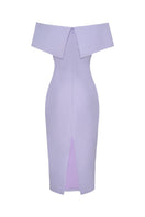 Pastel violet off-shoulder pencil midi dress by HACCHIC COUTURE, featuring a fitted silhouette and elegant style.
