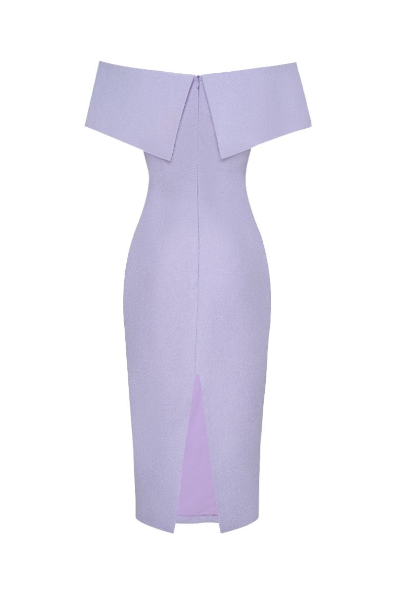Pastel violet off-shoulder pencil midi dress by HACCHIC COUTURE, featuring a fitted silhouette and elegant style.