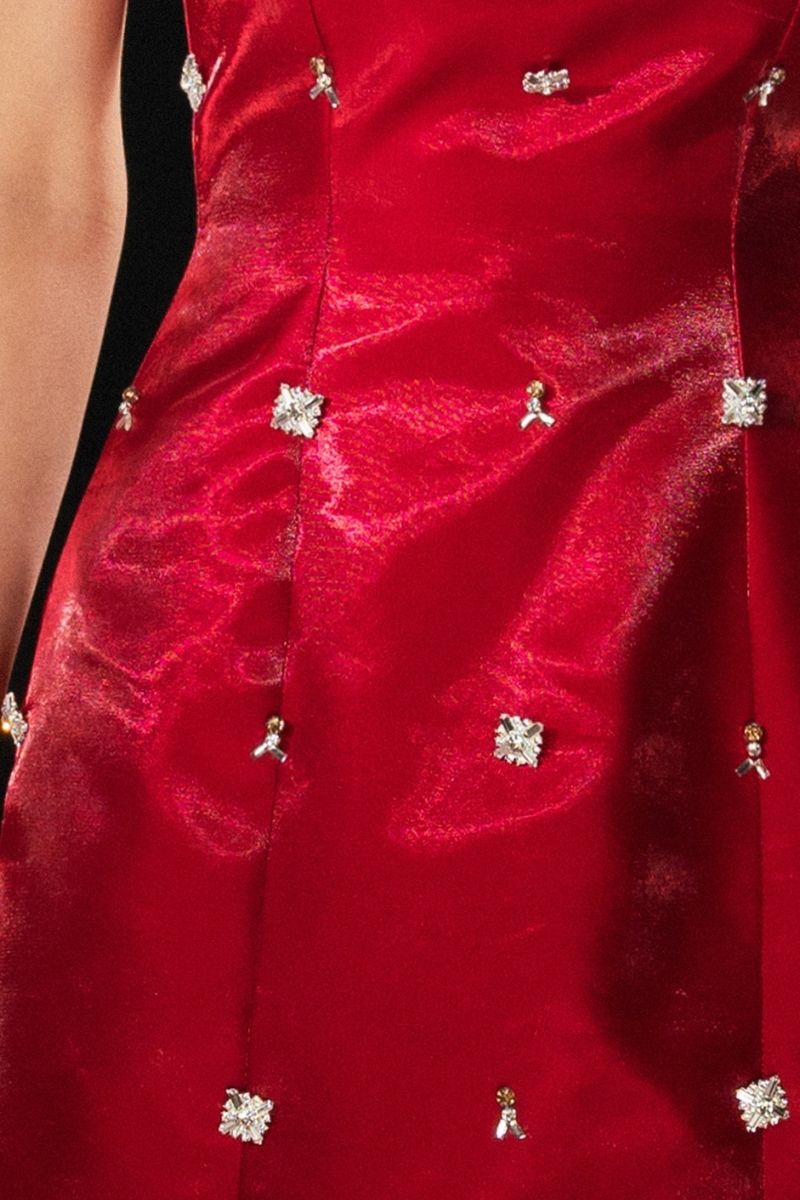 RED SQUARE NECK TAFFETA MAXI DRESS - CULT MIA