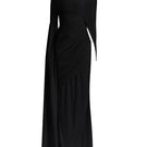 Black Maison Des Copains Celiora cape sleeve floor-length maxi dress displayed on a model with flowing fabric and elegant design.