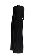 Black Maison Des Copains Celiora cape sleeve floor-length maxi dress displayed on a model with flowing fabric and elegant design.
