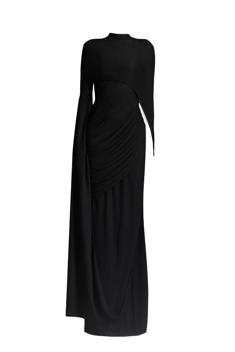 Black Maison Des Copains Celiora cape sleeve floor-length maxi dress displayed on a model with flowing fabric and elegant design.