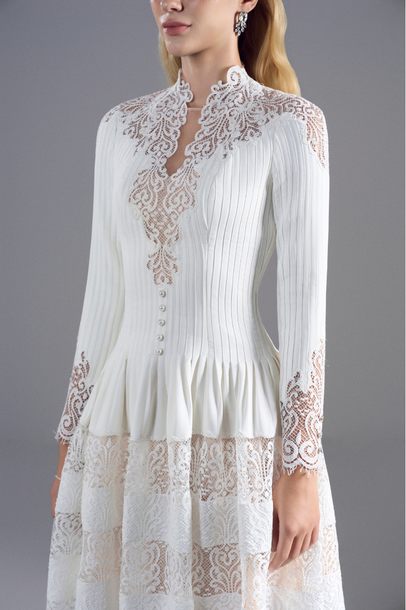 ROSEE de MATIN LACE HIGH-NECK MIDI DRESS IN White | Cult Mia ROSEE de MATIN LACE HIGH-NECK MIDI DRESS IN White | Cult Mia