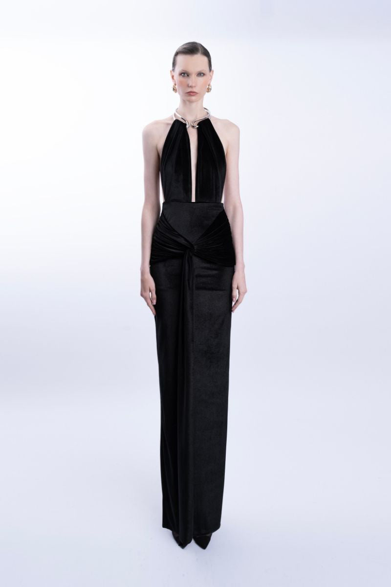 Black NABY gown by LEDIEL featuring a flowing design and elegant fabric, perfect for formal occasions.