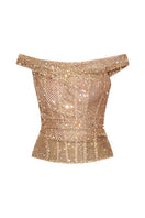 Gold hand-embellished CEM top featuring intricate embroidery and stylish design, displayed on a hanger against a neutral background.