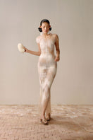 LECIA artisanal Ember gown in white with elegant flowy fabric and delicate detailing, perfect for sophisticated occasions.