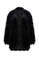 White Plan midnight faux fur coat with long sleeves and plush texture, displayed on a hanger against a neutral background.