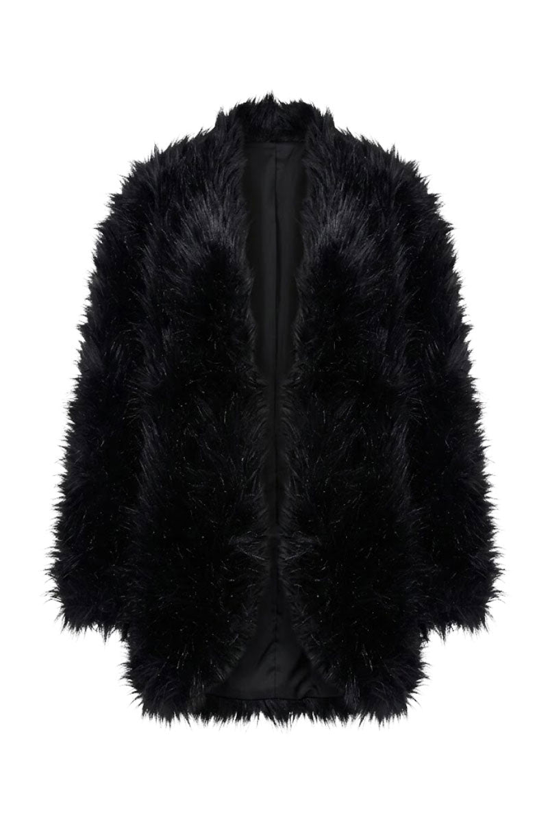 White Plan midnight faux fur coat with long sleeves and plush texture, displayed on a hanger against a neutral background.