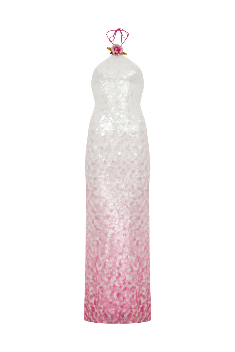 Sudi Etuz Halter Neck Backless Dress in White to Pink Gradient