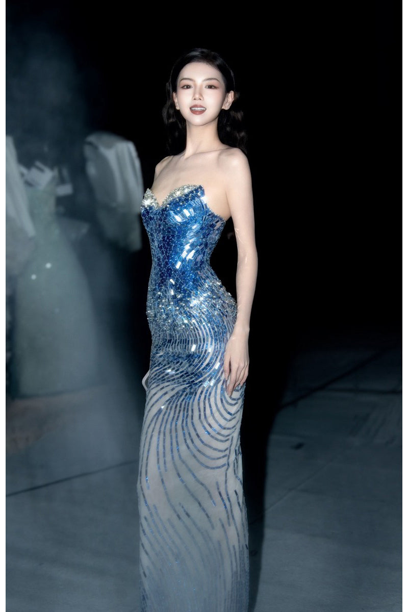 blue strapless sequin dress Royal Blue Sequins Strapless Short Court Train Mermaid Prom Dress