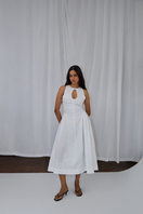 White PISA midi dress by Summer Away, featuring a stylish midi length and elegant design, perfect for summer events.