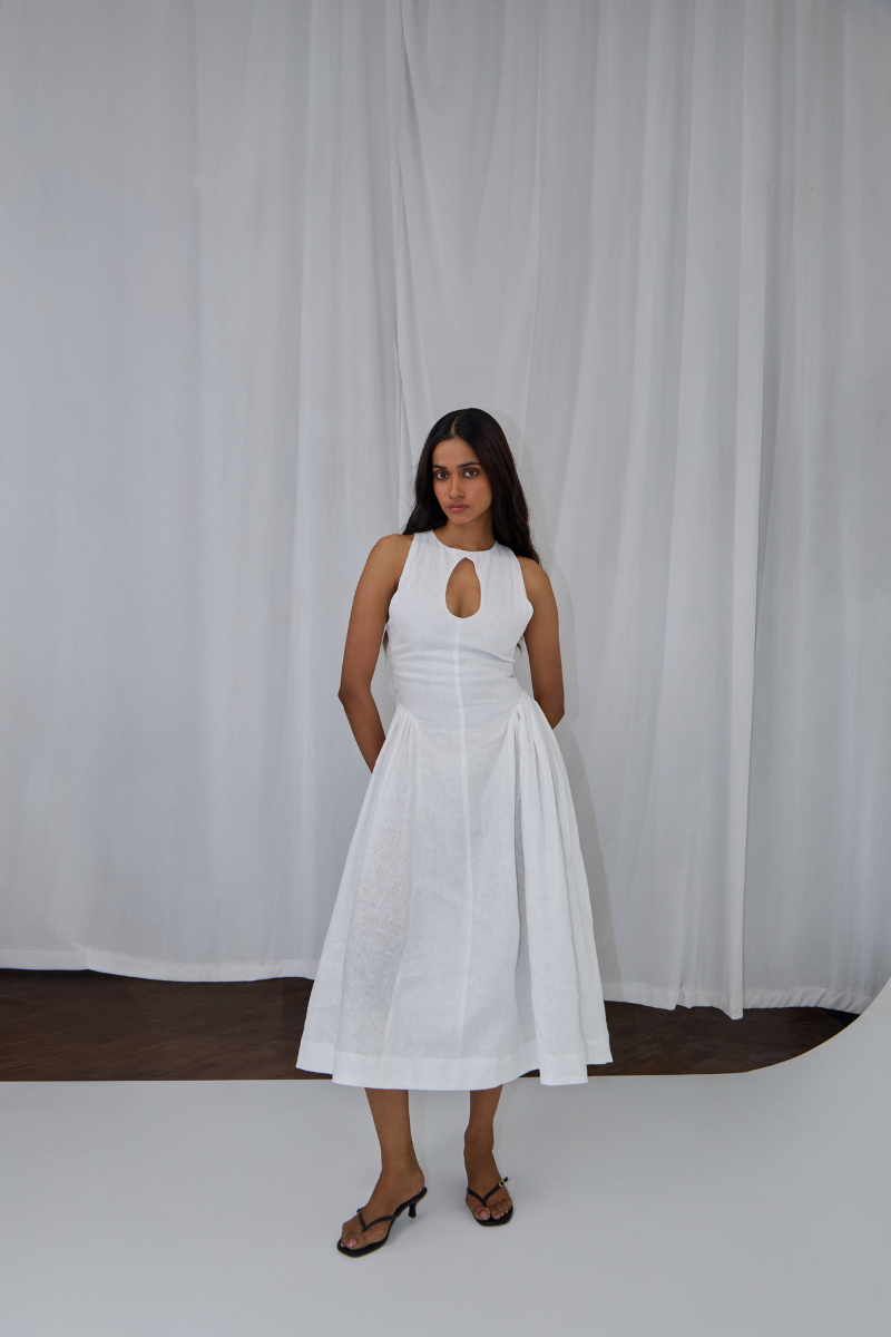 White PISA midi dress by Summer Away, featuring a stylish midi length and elegant design, perfect for summer events.