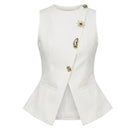 White button-up vest by Keira Tong, sleeveless design with front buttons, tailored fit, ideal for layering or casual wear.