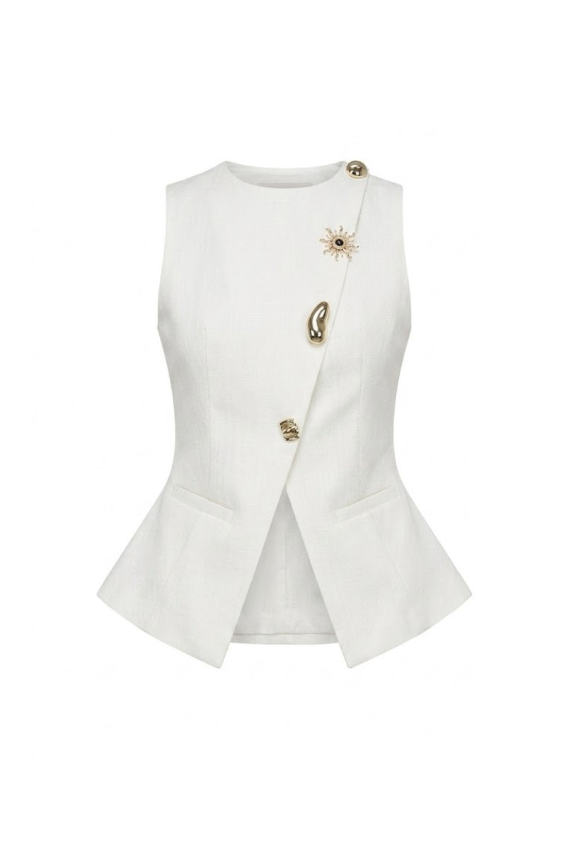 White Keira Tong button-up vest displayed on a mannequin, showing the tailored fit and classic collar style.