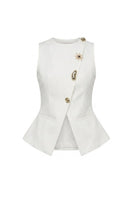 White button-up vest by Keira Tong, sleeveless design with front buttons, tailored fit, ideal for layering or casual wear.