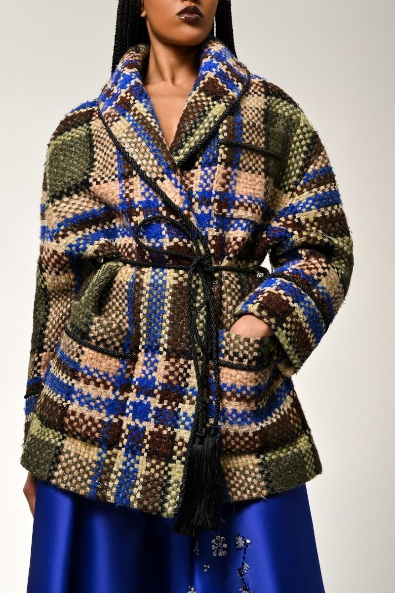 Lalo oversized tweed jacket in multi-color, showcasing a textured, stylish design with wide lapels and relaxed fit.