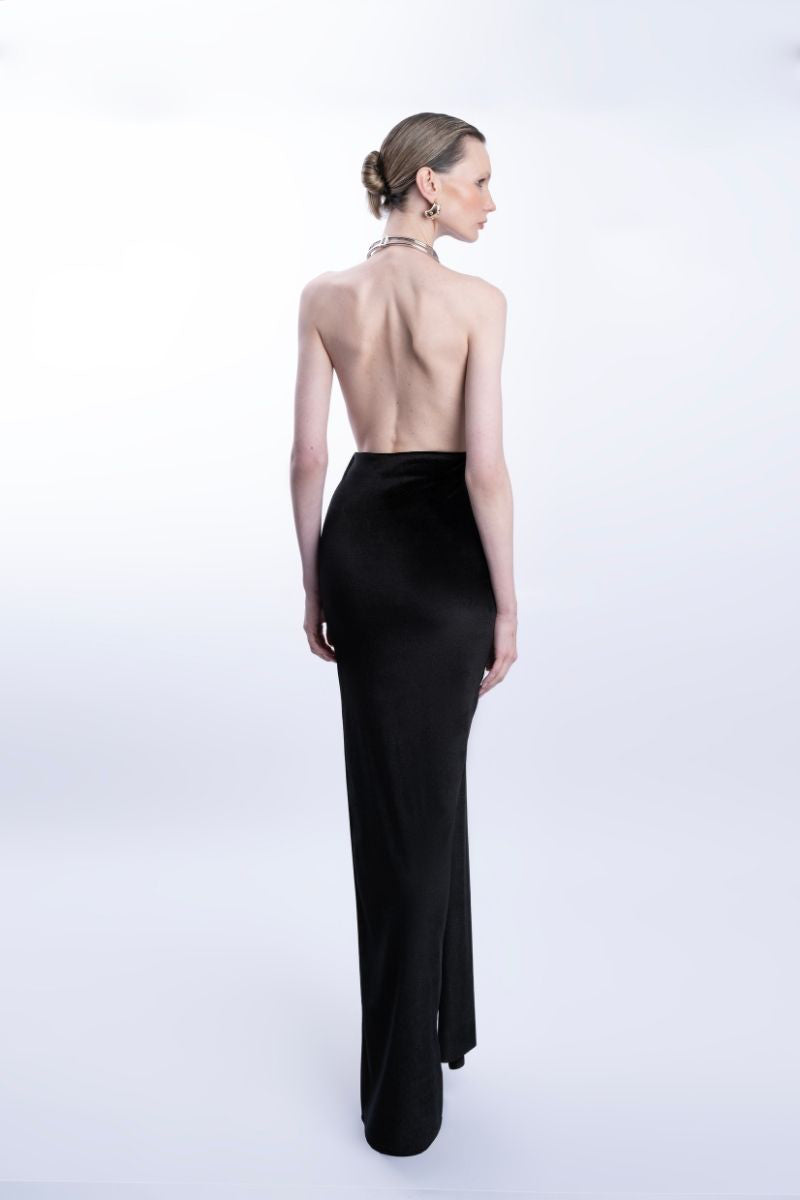 Black LEDIEL Naby gown with elegant drape and fitted silhouette, perfect for formal occasions.