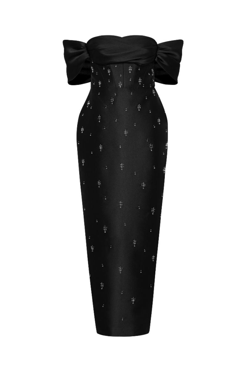 VIVIAN BLACK OFF-SHOULDER PENCIL MIDI DRESS | CULT MIA