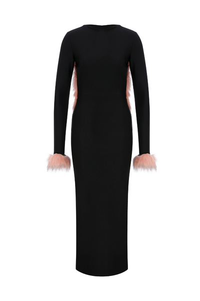 JERSEY BACKLESS MIDI DRESS WITH FAUX FUR TRIMMINGS | CULT MIA