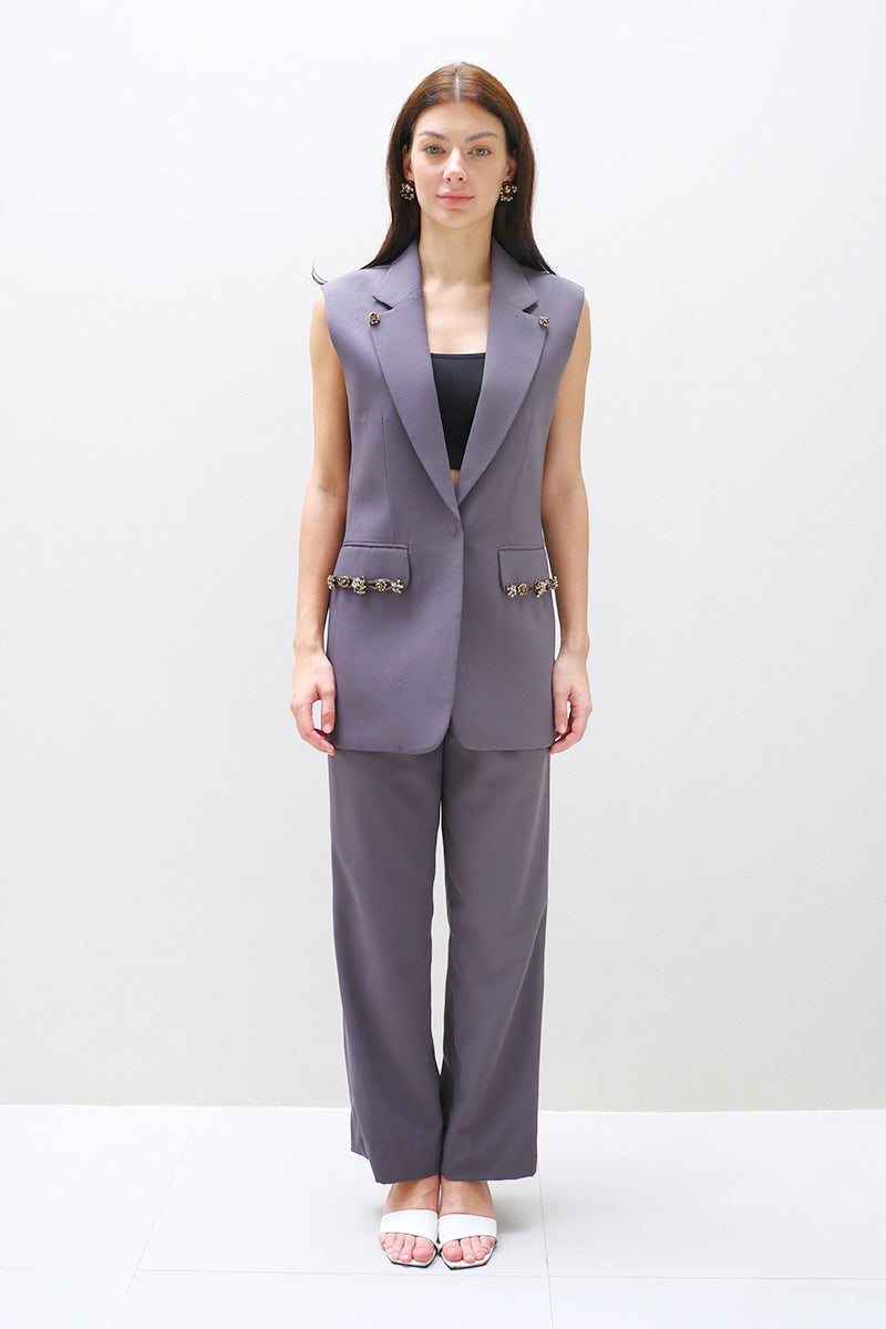Aidan & Ice Glacia blazer in gray purple featuring a tailored fit and stylish lapel, displayed on a hanger against a neutral background.