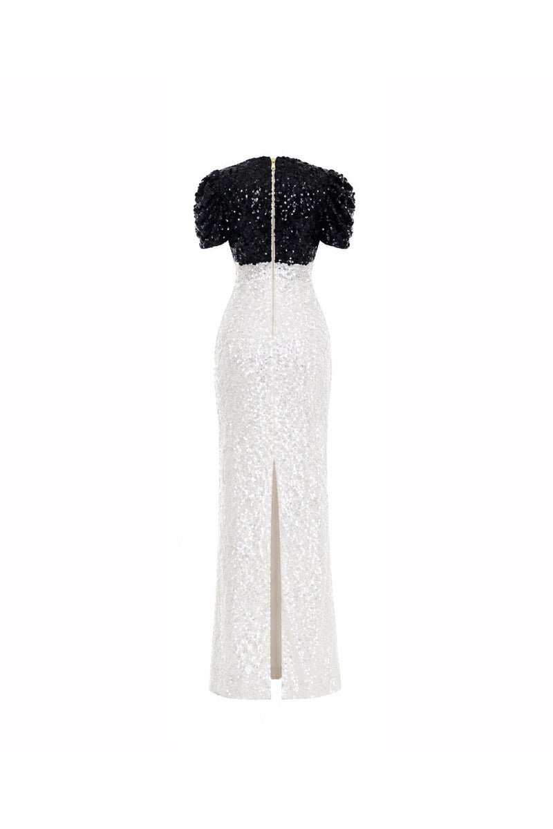 HACCHIC COUTURE Bianca contrast sequin gown in ivory, a stylish maxi dress with shimmering sequins and elegant design.