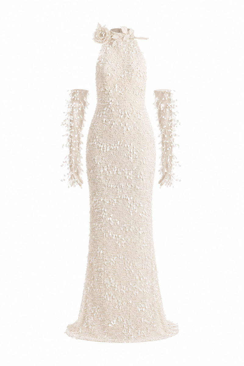 Elegant white chiffon gown by White Plan featuring flowing fabric and a stylish design, perfect for formal occasions.