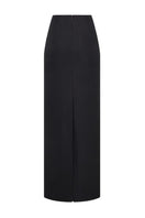 Black long pencil skirt from LECIA, maxi skirt style with a fitted silhouette and smooth fabric, shown on a hanger.