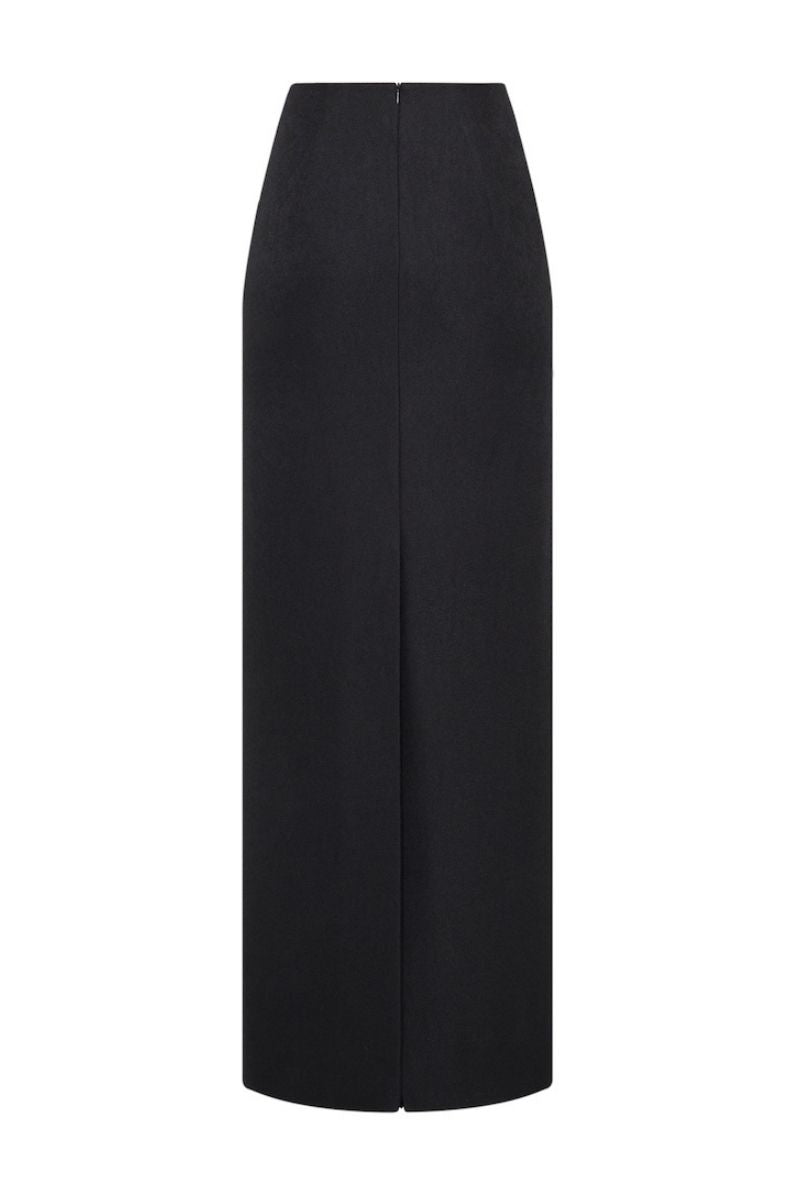 Black long pencil skirt from LECIA, maxi skirt style with a fitted silhouette and smooth fabric, shown on a hanger.