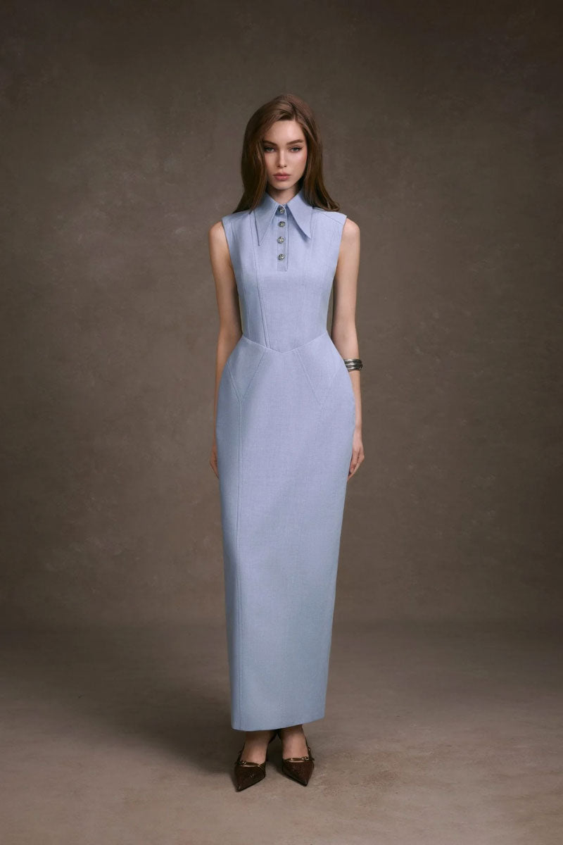 Pastel blue sleeveless maxi dress by KEIRA TONG, flowing fabric and relaxed fit, perfect for summer or casual occasions.