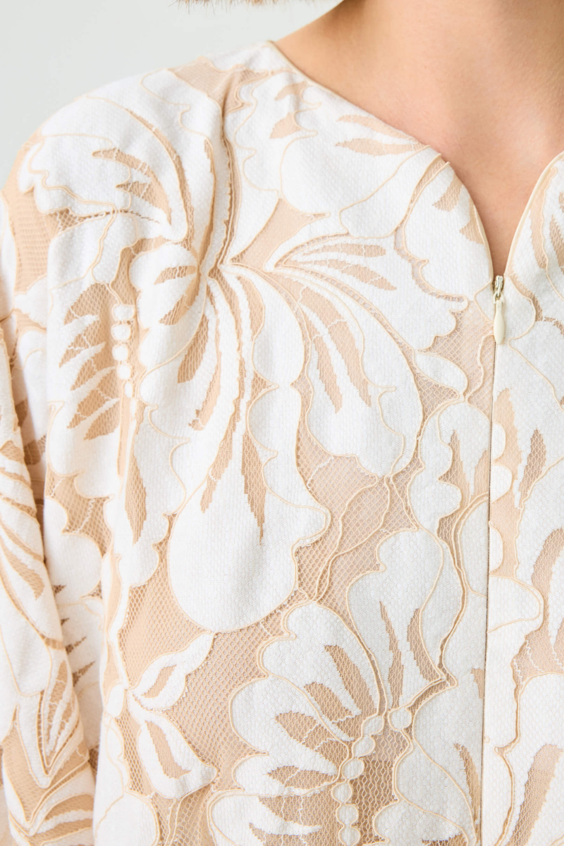Bocan Couture Estara long zippered maxi dress with beige lace overlay, elegant and flowing evening dress.