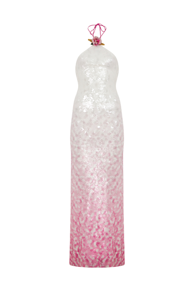 HALTER NECK BACKLESS DRESS IN WHITE TO PINK GRADIENT | CULT MIA | Sudi Etuz HALTER NECK BACKLESS DRESS IN WHITE TO PINK GRADIENT | CULT MIA | Sudi Etuz
