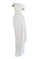 Elegant mushroom crystal long dress by Do Long, featuring flowing fabric and intricate crystal embellishments for formal wear.