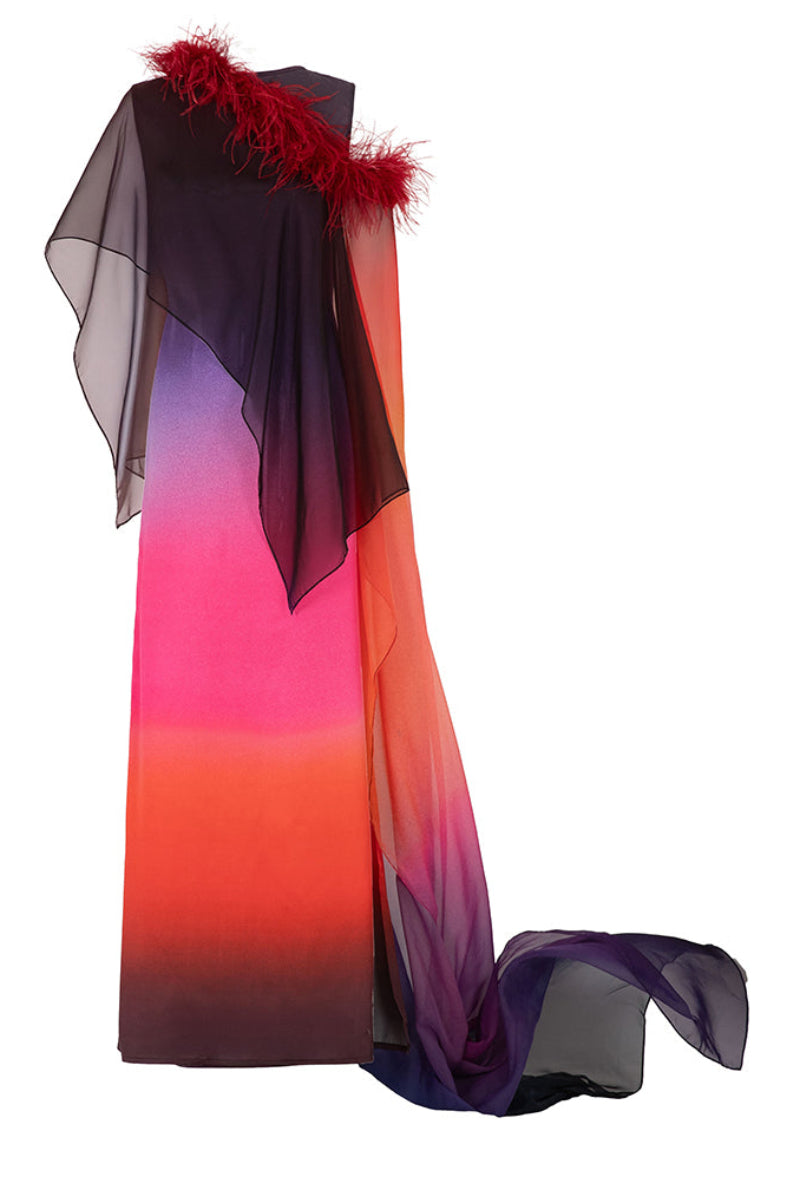 Pink printed gown with detachable ostrich feather trim cape by Valenciani, elegant evening dress with flowing fabric and feather details.