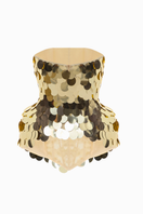 Gold sequined corset top by Balykina, featuring shiny embellishments and fitted design, perfect for stylish evening wear.