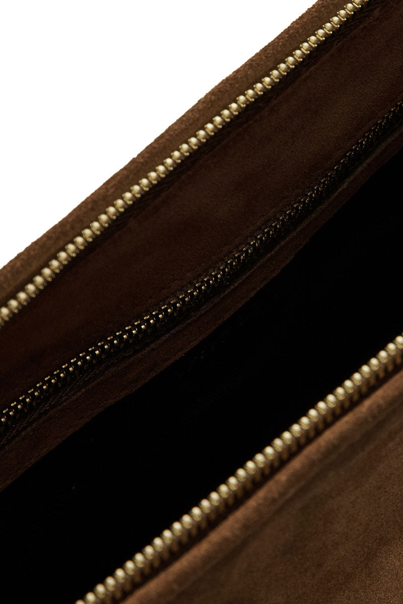 VIKELE STUDIO Denise mini shoulder bag in brown suede with sleek strap and compact design, perfect for casual or evening wear.