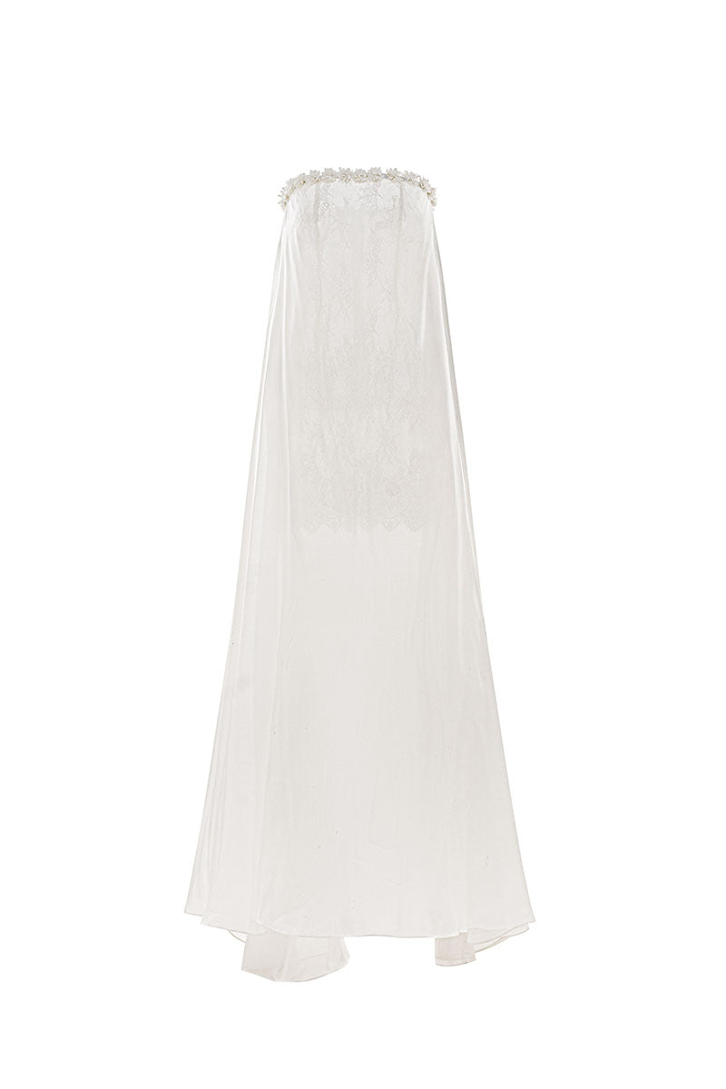 STRAPLESS MAXI CHIFFON DRESS IN WHITE
