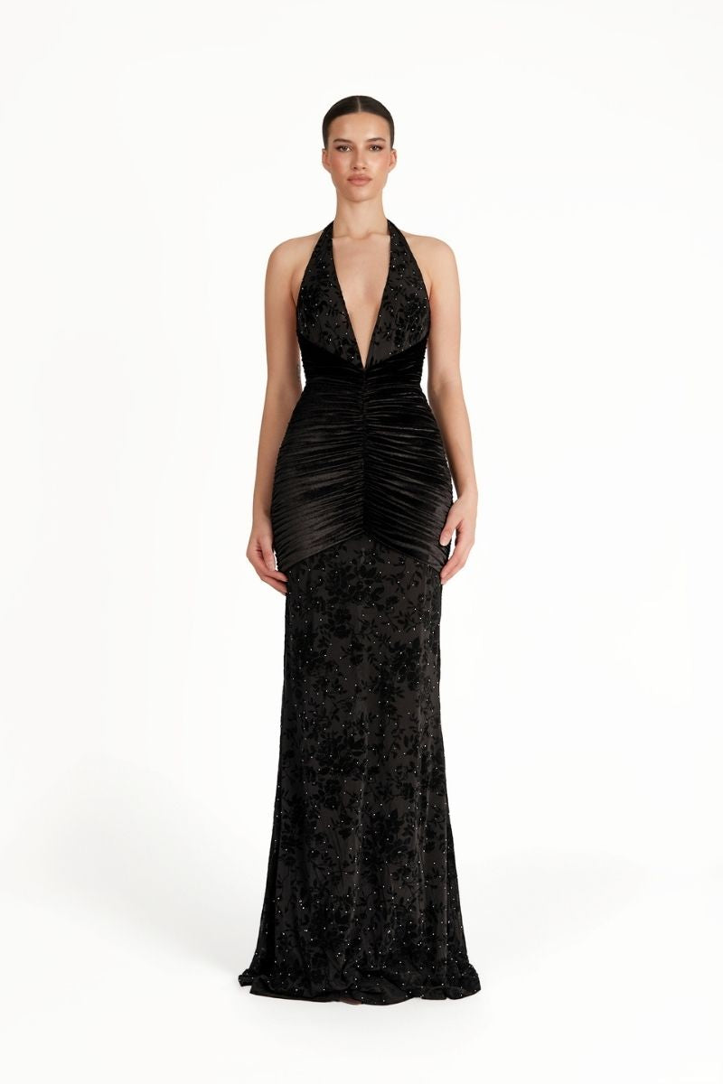 Khanum's Kaylin black maxi dress with flowing fabric and sleeveless design, perfect for elegant occasions.