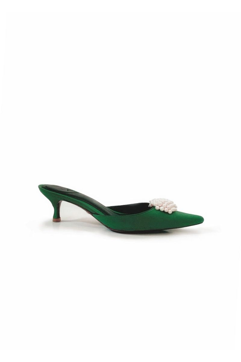 Christin Wu Nala Forest Green kitten heels with pointed toes and slim heels, stylish and elegant footwear for women.