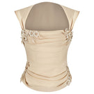 Cream lace corset top with draped design, from Stolen Stores' Belle collection, featuring intricate lace details and flattering fit.