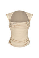 Cream lace corset top with draped design, from Stolen Stores' Belle collection, featuring intricate lace details and flattering fit.