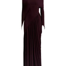 Maison Des Copains purple ruched floor-length gown with elegant draping and fitted silhouette, perfect for formal occasions.