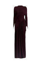 Maison Des Copains purple ruched floor-length gown with elegant draping and fitted silhouette, perfect for formal occasions.