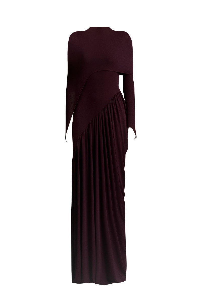 Maison Des Copains purple ruched floor-length gown with elegant draping and fitted silhouette, perfect for formal occasions.