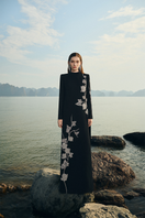 Lune De Soie velvet satin gown with long back flap, elegant evening dress with flowing fabric and sophisticated design.