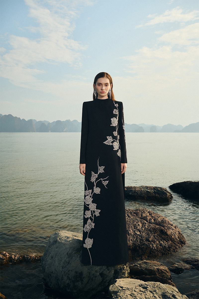 Lune De Soie velvet satin gown with long back flap, elegant evening dress with flowing fabric and sophisticated design.