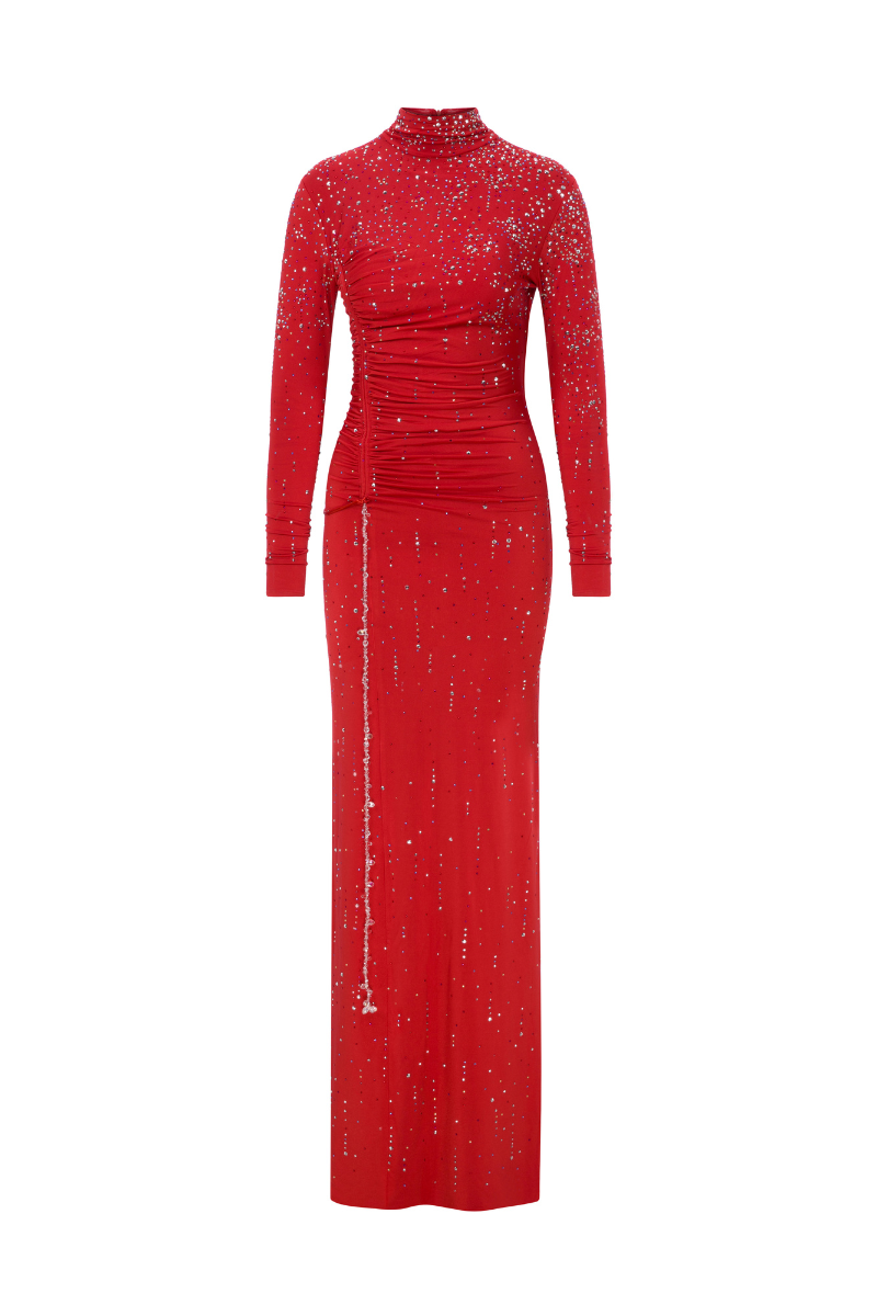 JERSEY MAXI DRESS WITH CRYSTAL ACCESSORIES AND RHINESTONES - CULT MIA