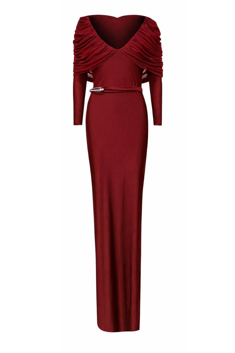 LEDIEL Dakota gown in burgundy, elegant women’s evening dress with flowing fabric and sophisticated design.