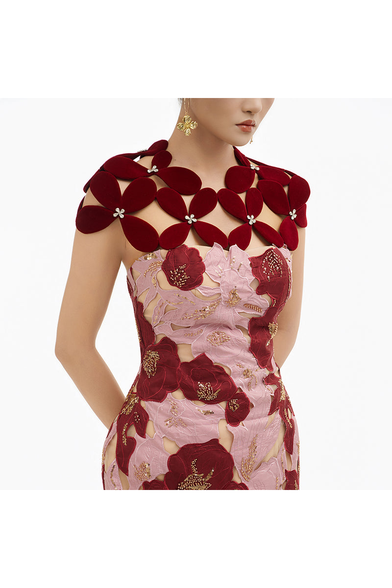 Elegant rose petal couture column gown by Happy Clothing featuring a flowing design and intricate details.