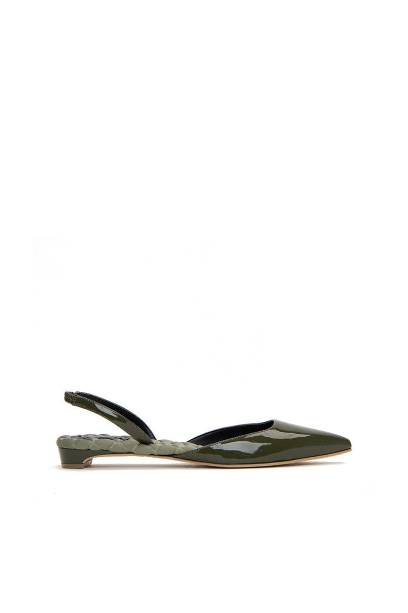 A pair of AERA Jackie Green patent-effect slingback flats with pointed toes and sleek design on a white background.