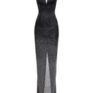 Black V-neck mesh strap maxi dress by CEM featuring a flowing silhouette and stylish design, perfect for elegant occasions.
